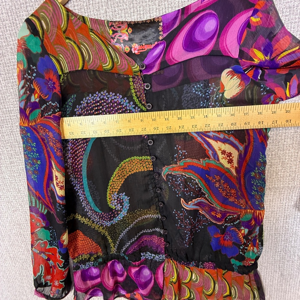 Desigual Sz M Floral Print Blouse Button Down LS Multicolor Sheer Statement - Picture 6 of 16